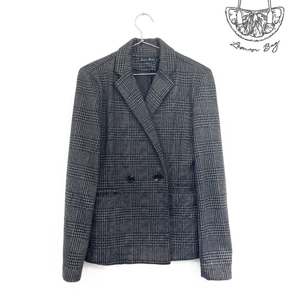 Love Tree / Double Breasted Plaid Blazer / Plaid Grey Black / Size S - Picture 3 of 6